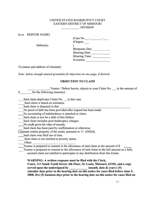 Objection To Claim - United States Bankruptcy Court Eastern District Of Missouri Printable pdf