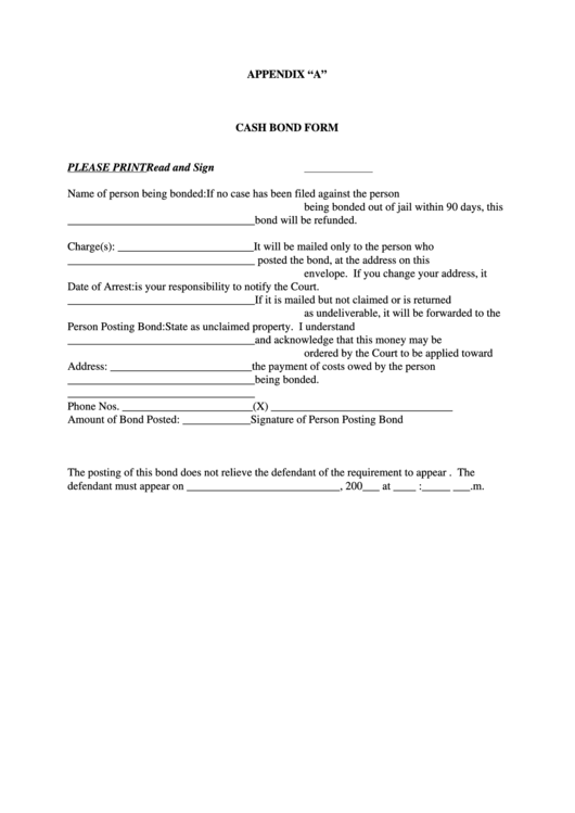 Cash Bond Form Printable pdf
