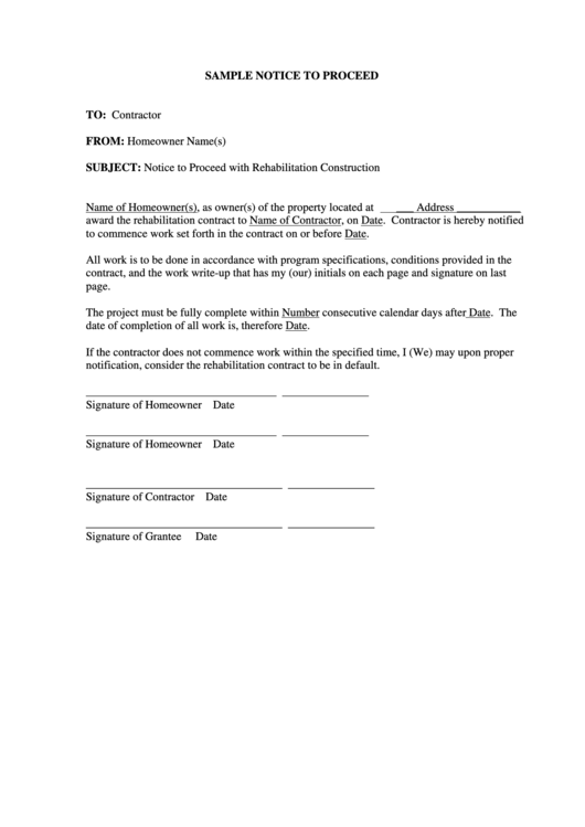 Sample Notice To Proceed Printable pdf