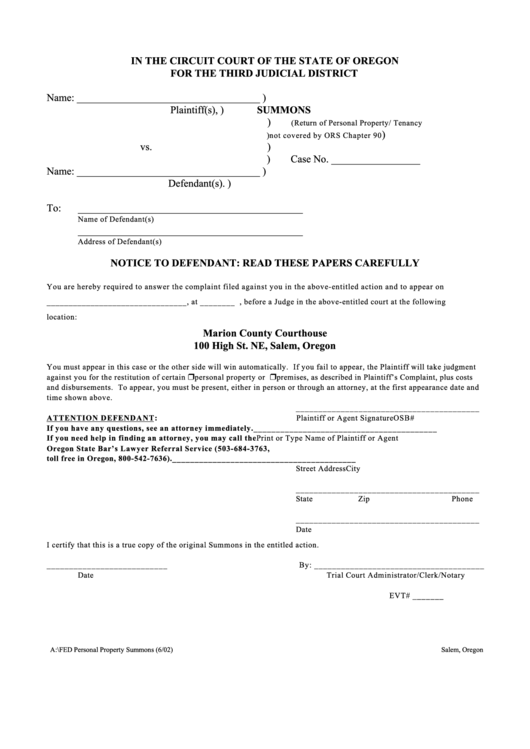 Summons (Return Of Personal Property/tenancy Not Covered By Ors Chapter 90) Printable pdf