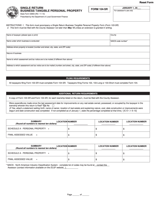 Fillable Form 104-Sr - Single Return Business Tangible Personal Property(2015) Printable pdf