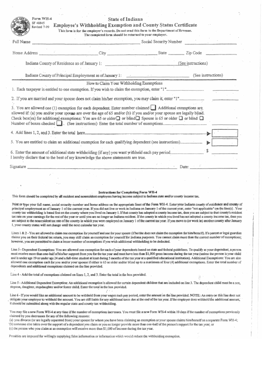 Form Wh-4 - Employee's Withholding Exemption And County Status Certificate - Indiana