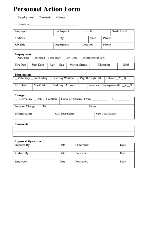 Fillable Personnel Action Form Printable pdf