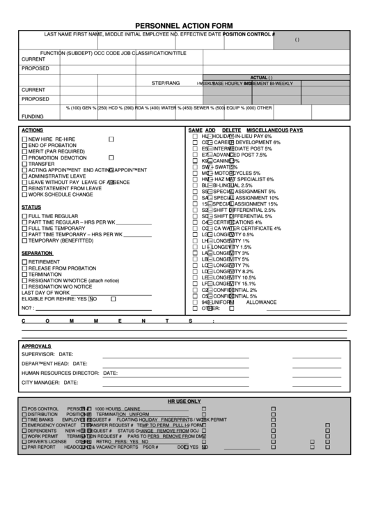 Fillable Personnel Action Form - City Of Milpitas Printable pdf
