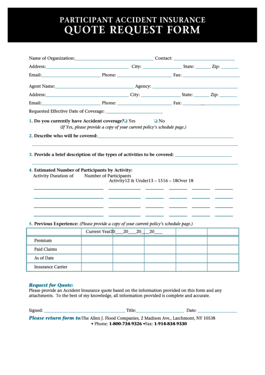 Participant Accident Insurance Quote Request Form