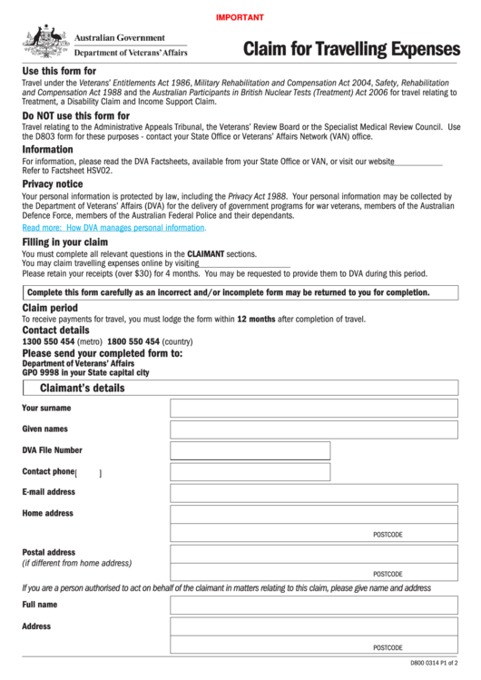 Fillable D800 - Claim For Travelling Expenses Printable pdf