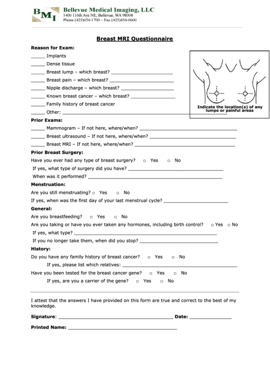 Breast Mri Questionnaire Printable pdf