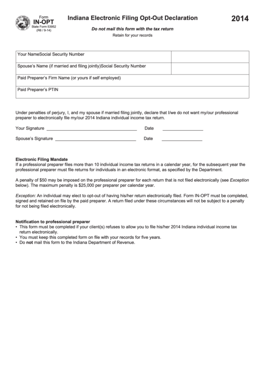Fillable Form In-Opt - Indiana Electronic Filing Opt-Out Declaration - 2014 Printable pdf