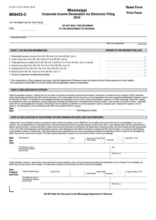 Fillable Form Ms8453-C - Corporate Income Declaration - 2016 Printable pdf