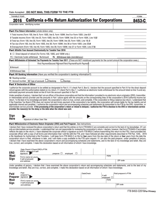 Fillable Form 8453-C - California E-File Return Authorization For Corporations - 2016 Printable pdf