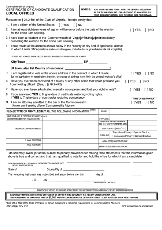 Form Sbe-501(4) - Certificate Of Candidate Qualification - Local Offices Printable pdf