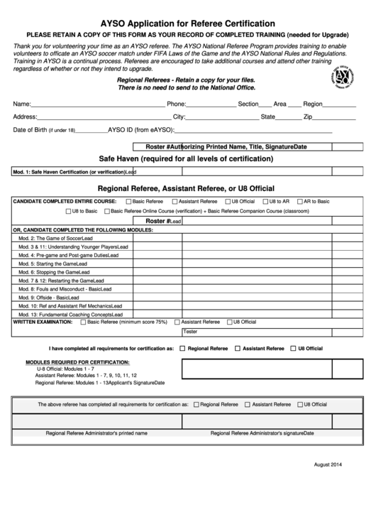 Ayso Application For Referee Certification Form Printable pdf