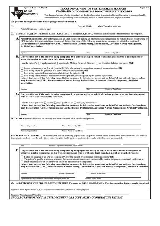 Standard Out-Of-Hospital Do-Not-Resuscitate Order - Texas Printable pdf