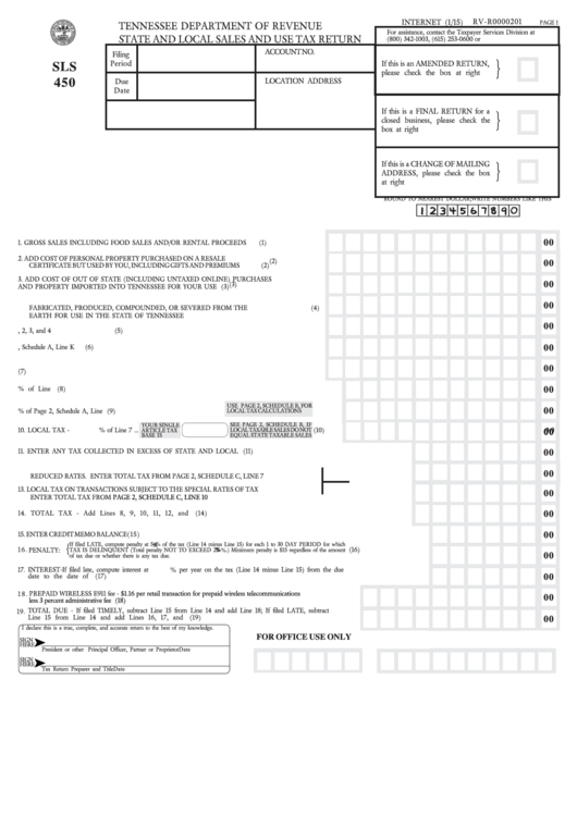 Form Sls 450 - Sales And Use Tax Return - 2015 Printable pdf