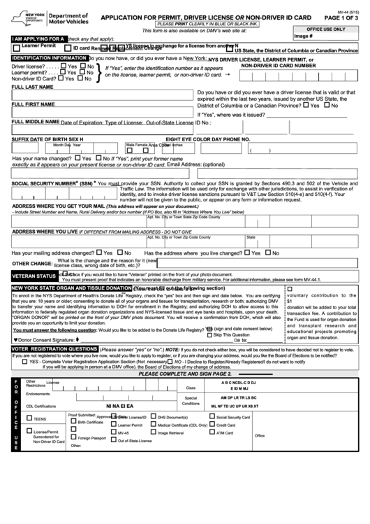 Fillable Form Mv-44 - Application For Permit, Driver License Or Non-Driver Id Card Printable pdf