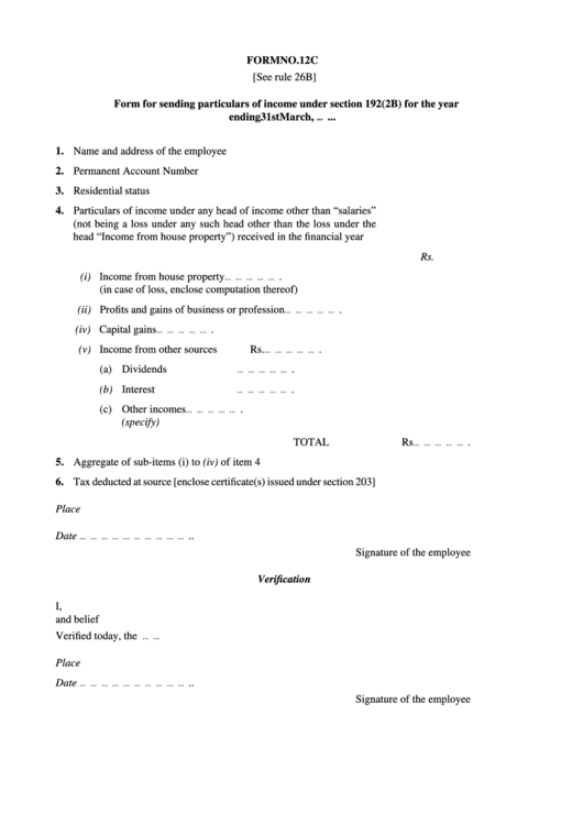Form 12 C - Form For Sending Particulars Of Income Under Section 192(2b) For The Year Ending 31st March Printable pdf