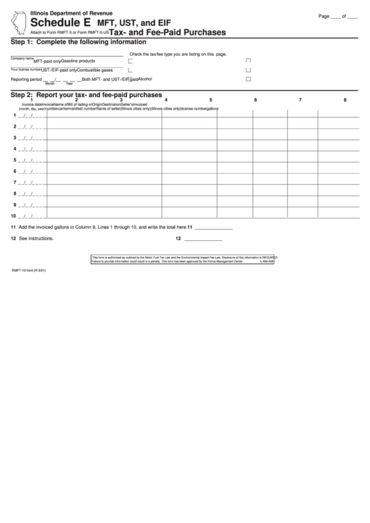 Form Rmft-10 - Schedule E - Mft, Ust, And Eif Tax- And Fee-Paid Purchases Printable pdf