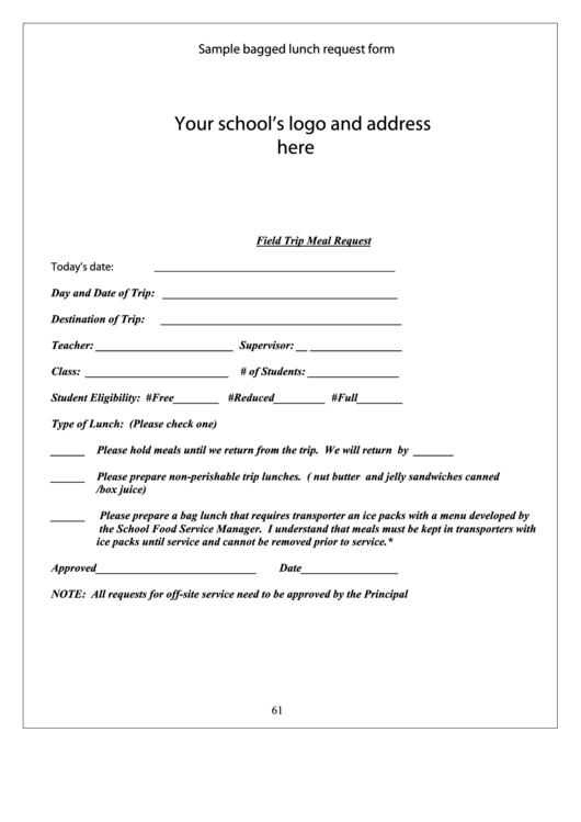 Sample Bagged Lunch Request Form Printable pdf