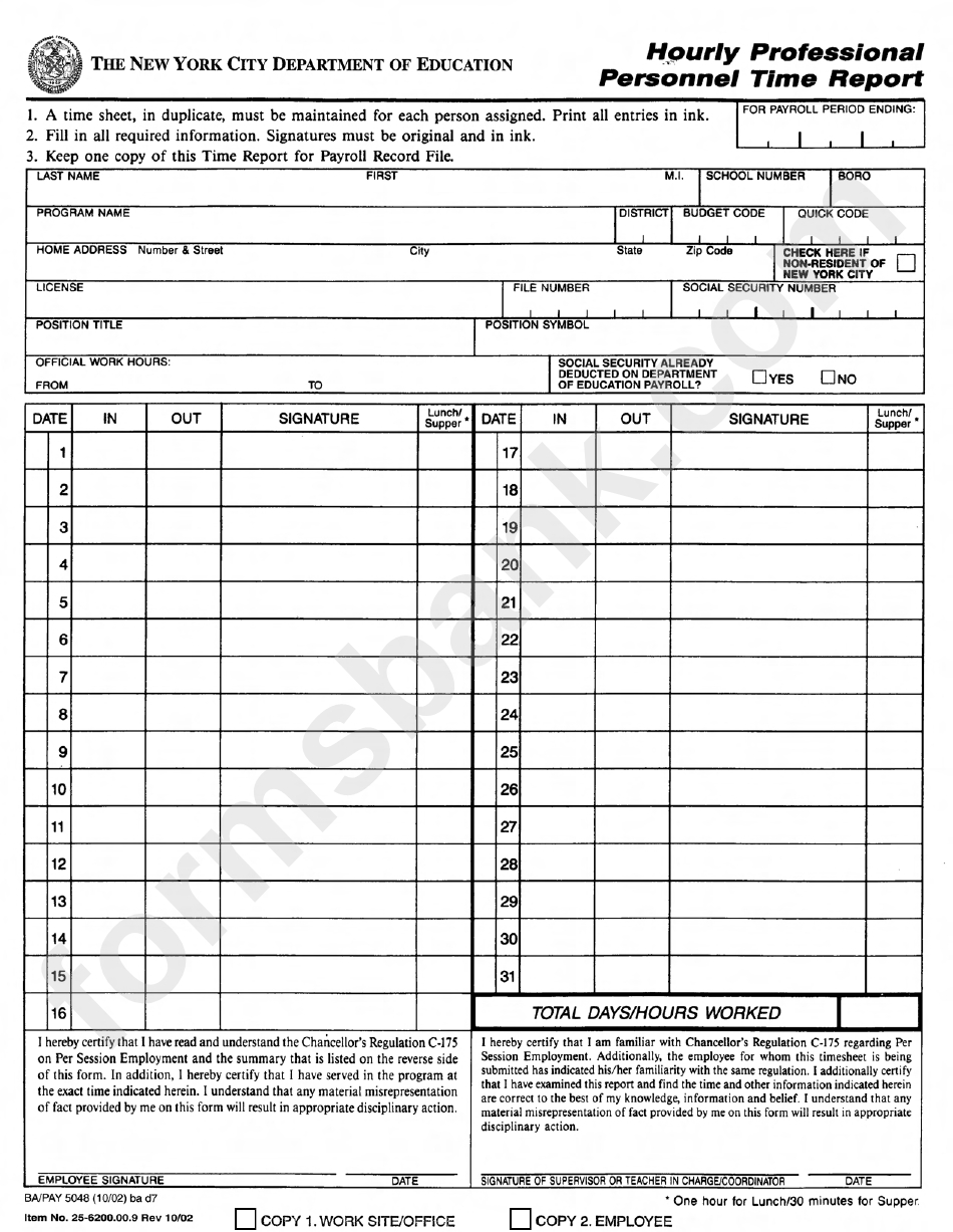 Fillable Hourly Professional Personnel Time Report New York printable