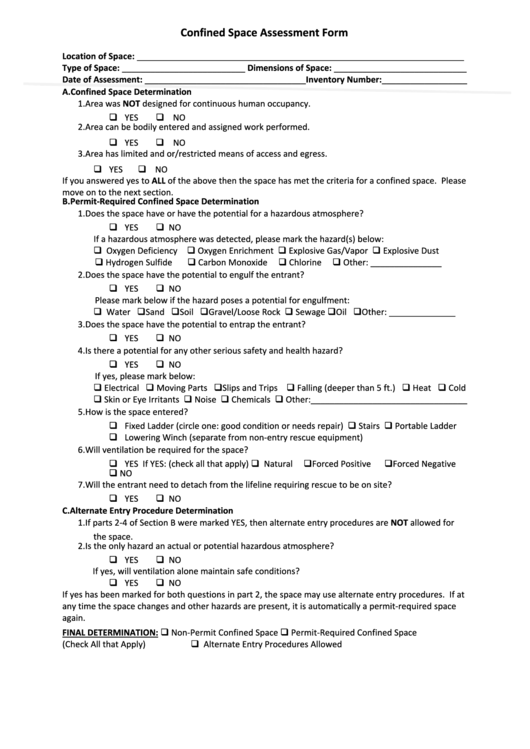 Confined Space Assessment Form Printable pdf