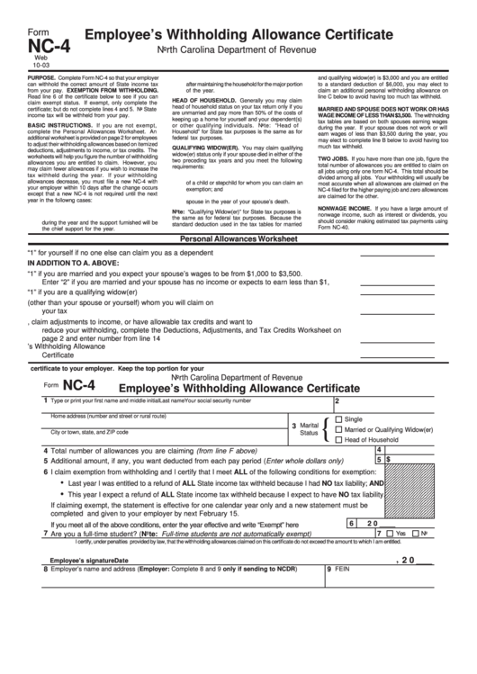 Form Nc-4 - 2003 Employee's Withholding Allowance Certificate