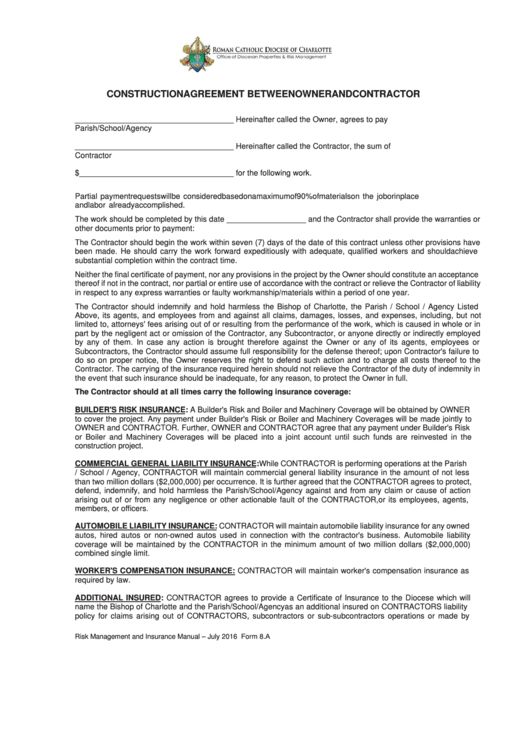 Fillable Construction Agreement Between Owner And Contractor Printable pdf