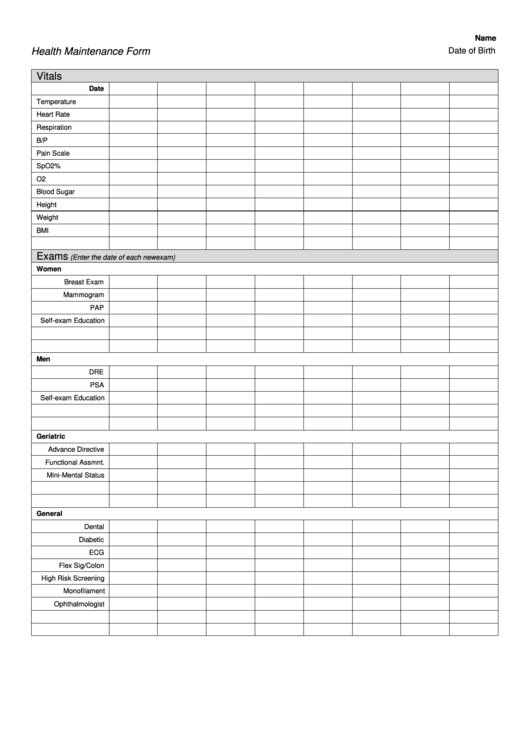 Fillable Health Maintenance Form Printable pdf