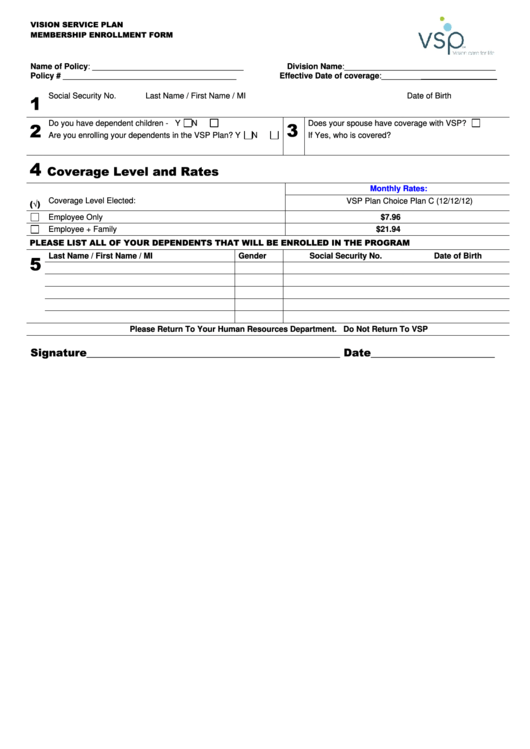 Vsp - Member Enrollment Form Printable pdf
