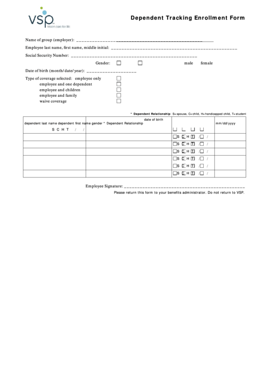 Vsp Dependent Tracking Enrollment Form Printable pdf