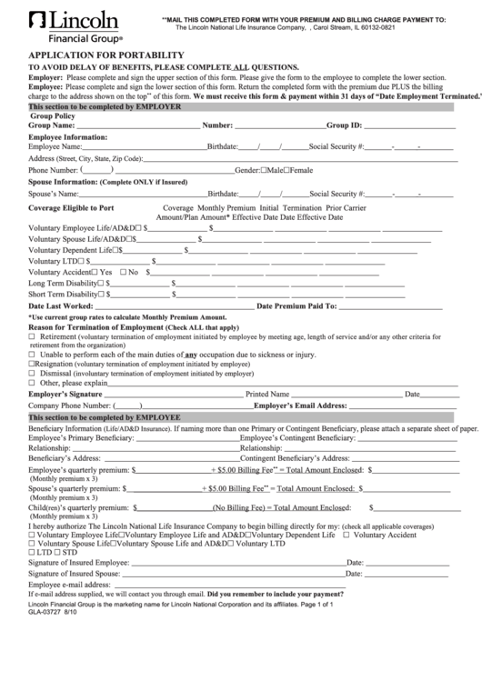 Fillable Form Gla-03727 - Application For Portability Printable pdf