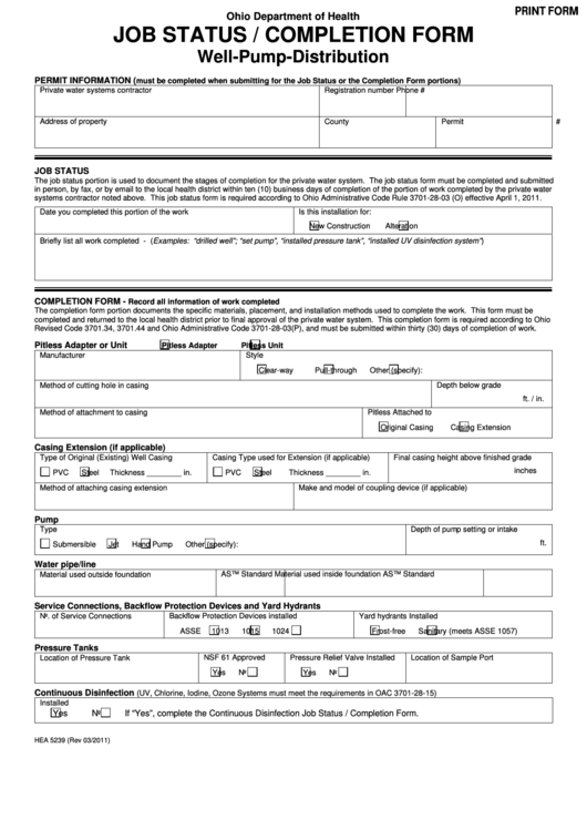 Job Status / Completion Form Hea - Well-Pump-Distribution Printable pdf