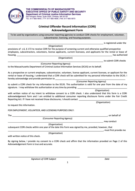 Criminal Offender Record Information (Cori) Acknowledgement Form - Massachusetts Department Of Criminal Justice Information Services Printable pdf