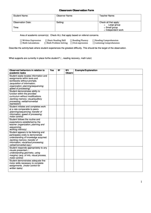 Specific Learning Disabilities Classroom Observation Form Printable pdf