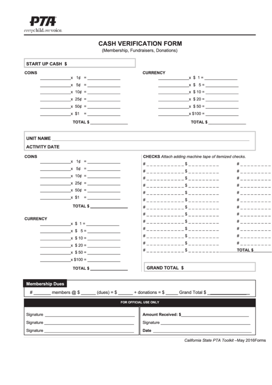 Pta Cash Verification Form printable pdf download