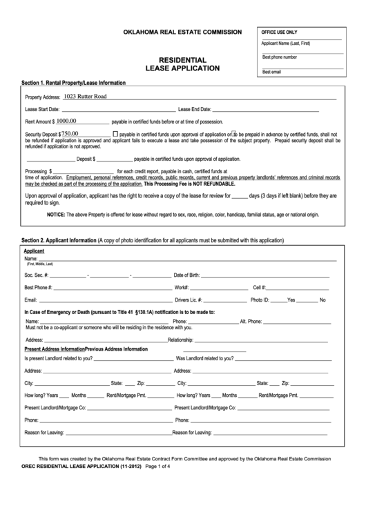 Fillable Oklahoma Real Estate Commission - Residential Lease Application Form Printable pdf