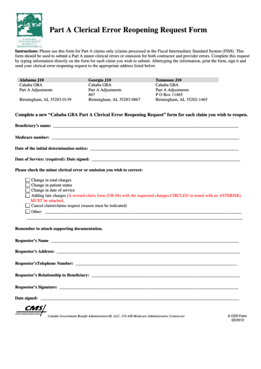 Part A Clerical Error Reopening Request Form