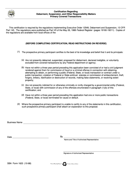 Fillable Sba Form 1623 - Certification Regarding Debarment, Suspension, And Other Responsibility Matters Printable pdf