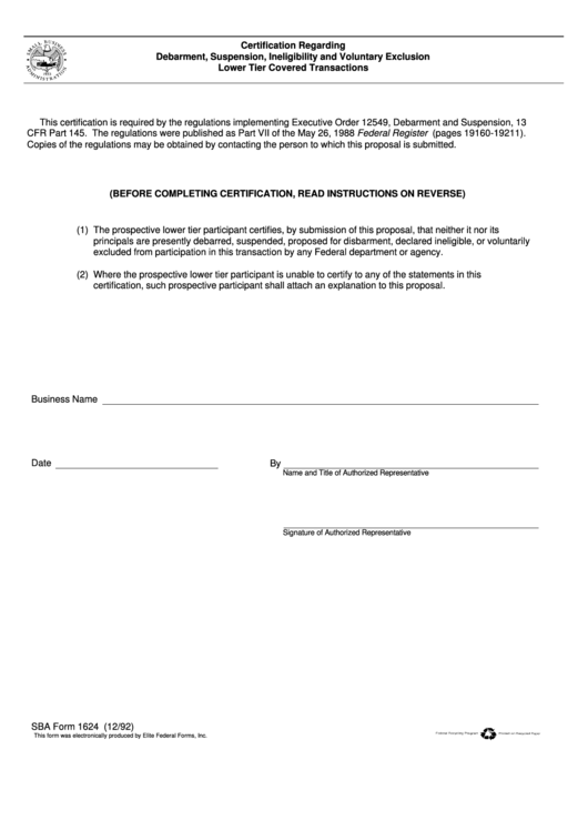Sba Form 1624 - Certification Regarding Debarment, Suspension, Ineligibility And Voluntary Exclusion Lower Tier Covered Transactions Printable pdf