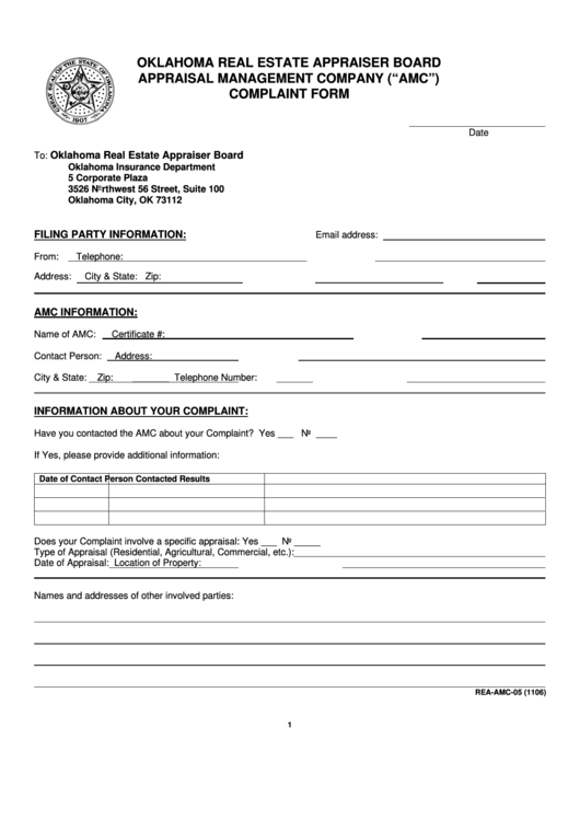 Oklahoma Real Estate Appraiser Board Printable pdf