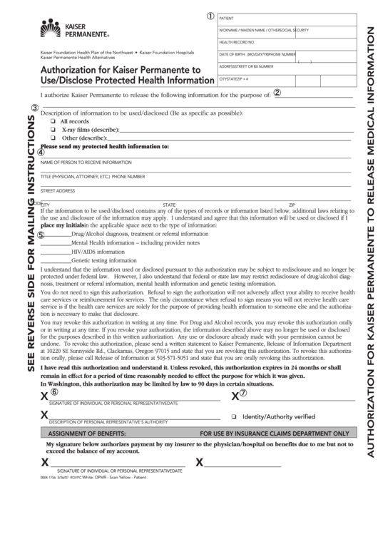 Kaiser Authorization Medical Records Release Form Printable pdf