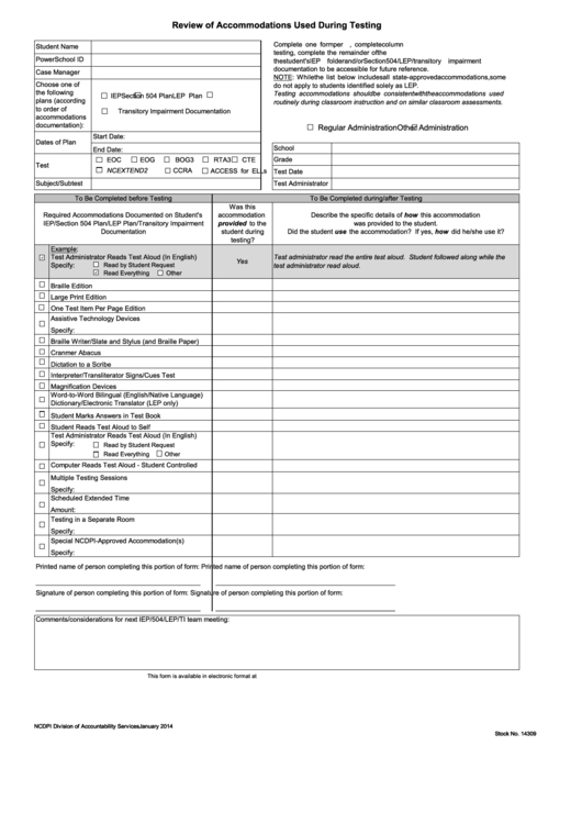 Review Of Accommodations Used During Testing Form