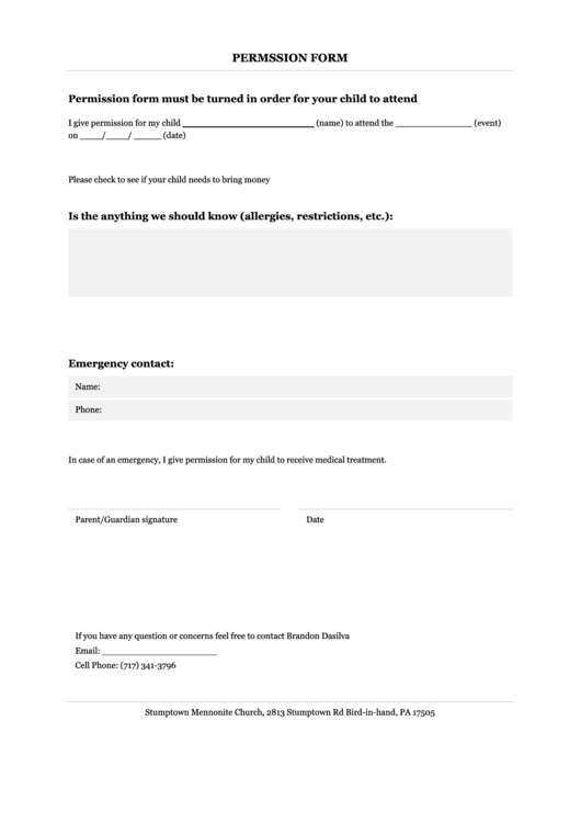 Permssion Form Printable pdf
