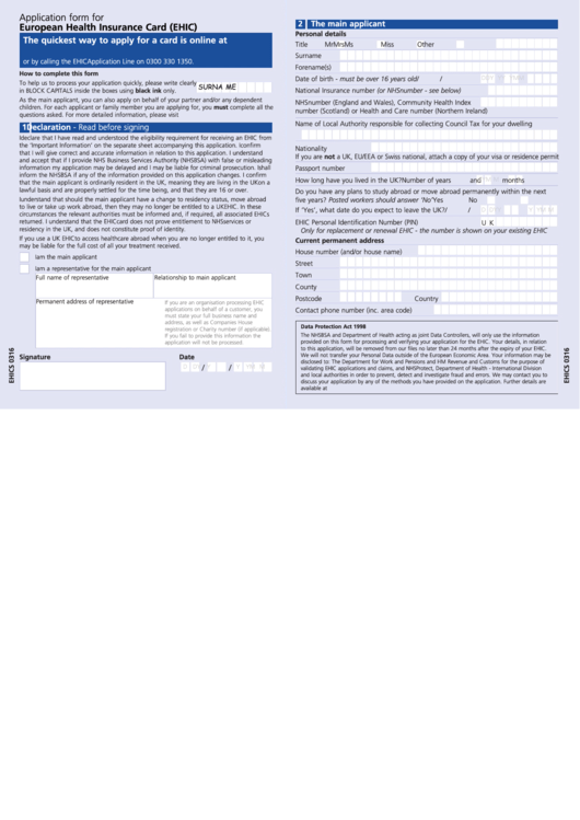 Application Form For European Health Insurance Card (Ehic) Printable pdf