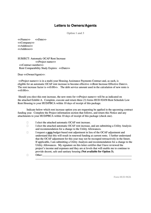 Letters To Owners/agents - Hud Printable pdf