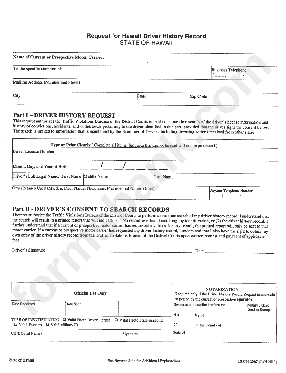 Form Doth 2067 - Request For Hawaii Driver History Record