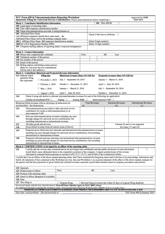 Fcc Form 499-Q Telecommunications Reporting Worksheet Printable pdf