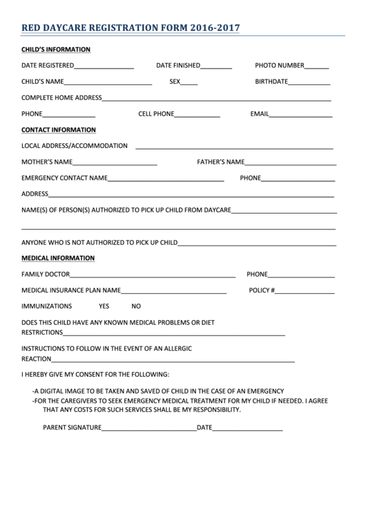 Red Daycare Registration Form - 2016-2017 Printable pdf