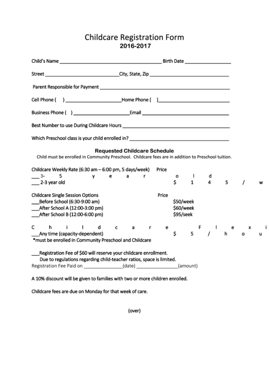 Childcare Registration Form Printable pdf