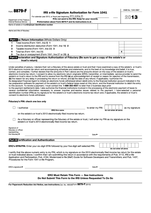 Fillable Form 8879-F - 2013 Irs E-File Signature Authorization For Form 1041 Printable pdf