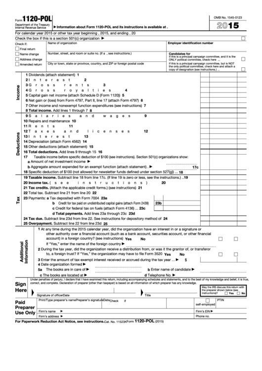 Fillable Form 1120-Pol - U.s. Income Tax Return For Certain Political Organizations - 2015 Printable pdf
